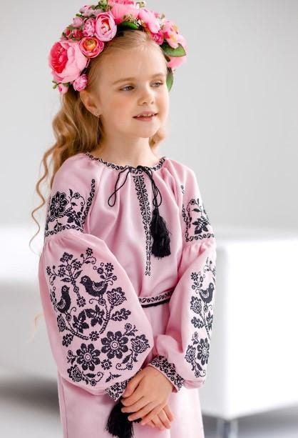 Beautiful Pink Ukrainian Vyshyvanka Dress for Girls With Floral Embroidery