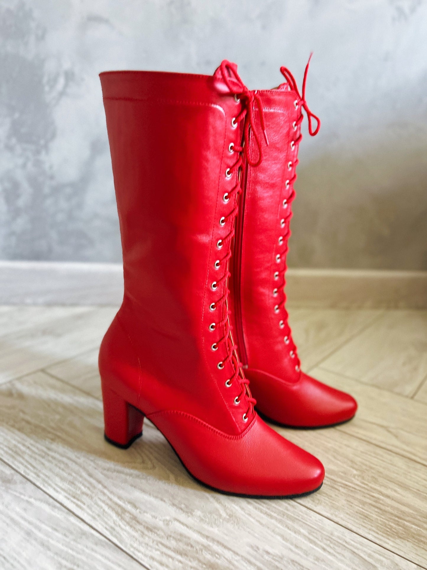 Red Leather Ukrainian Folk Dance Boots with Heel & Lace-Up Front