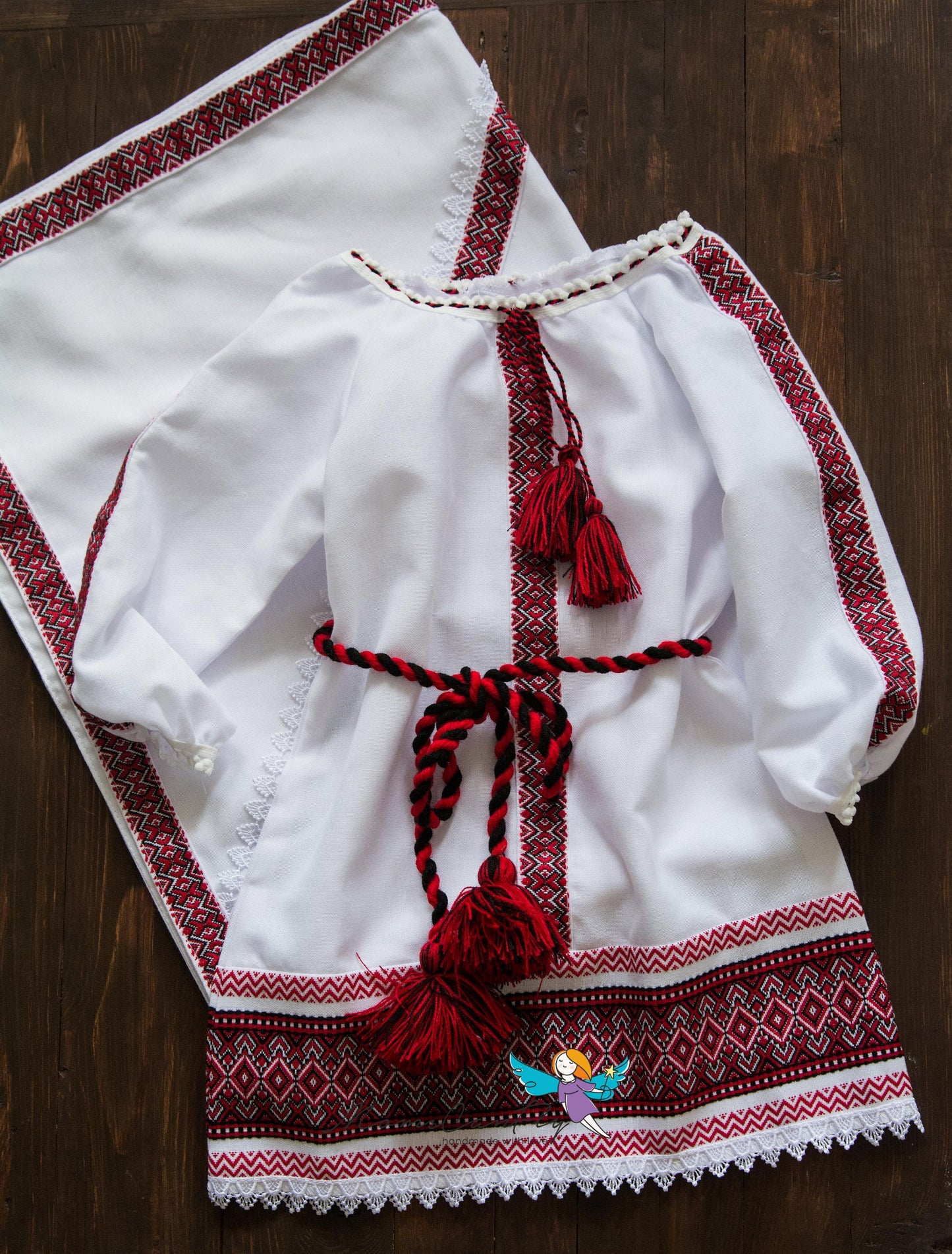 Cute Red Ukrainian Baby Girl Christening Set With Dress and Kryzhmo Vyshyvanka Christening Dress