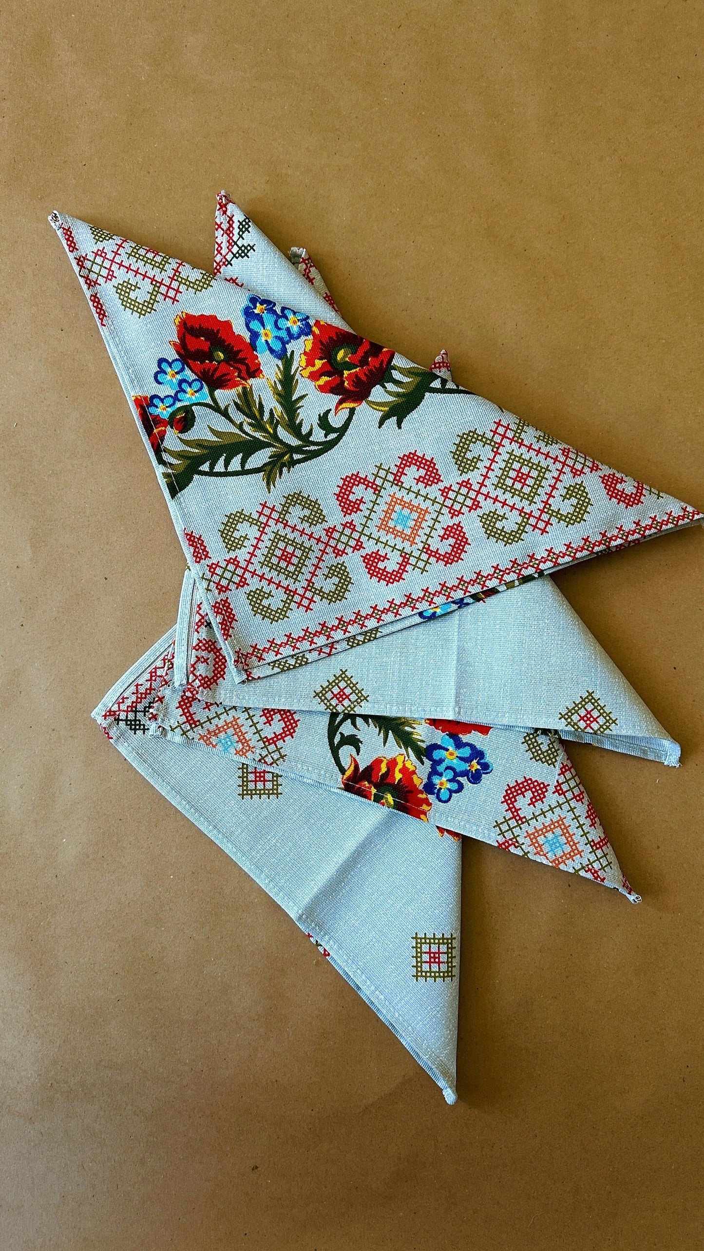 Set of Modern Ukrainian Table Napkins with Folk Floral Motiffs
