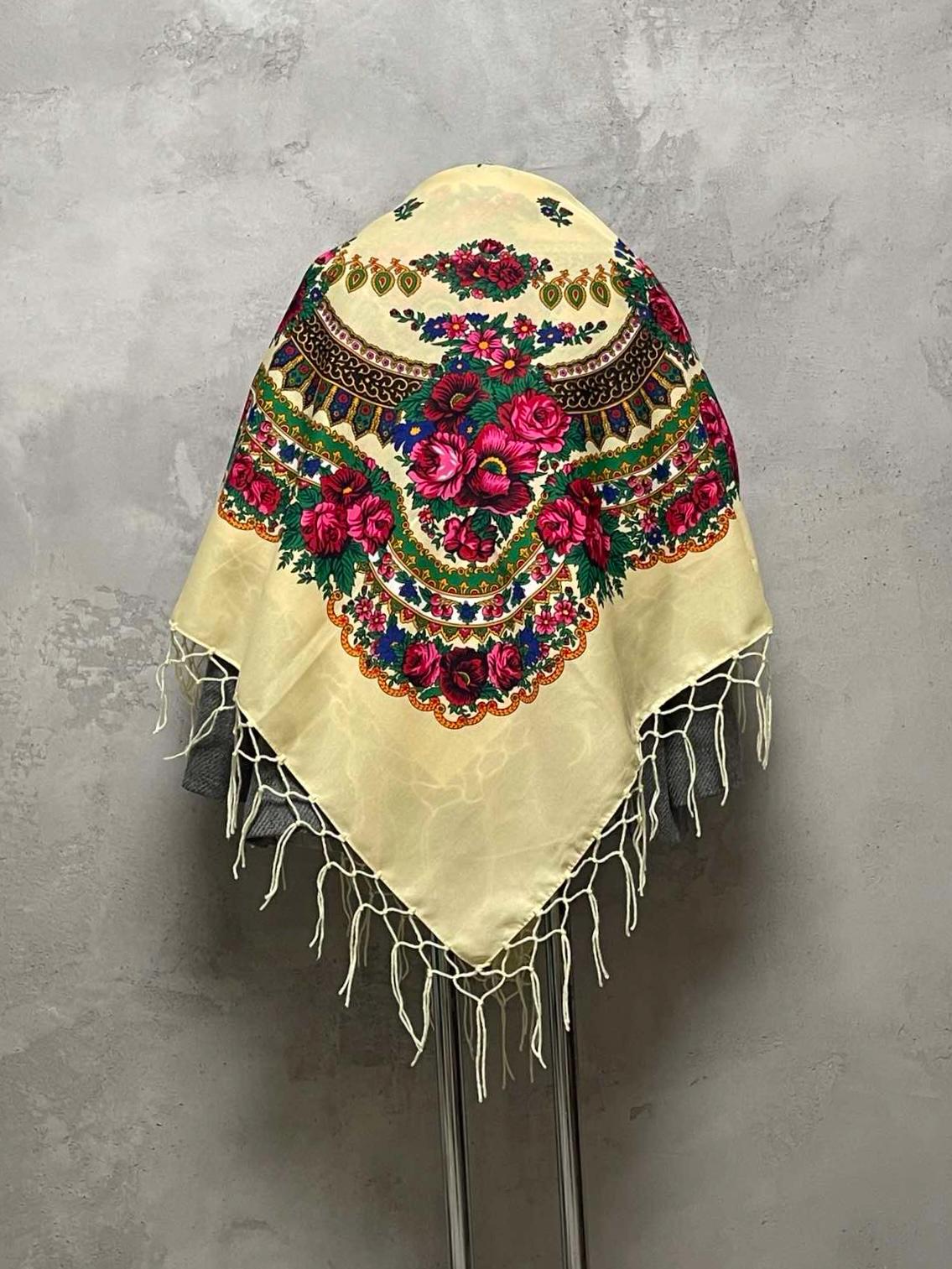 Large Cream Floral Wool Shawl with Tassels Traditional Ukrainian Babushka Scarf