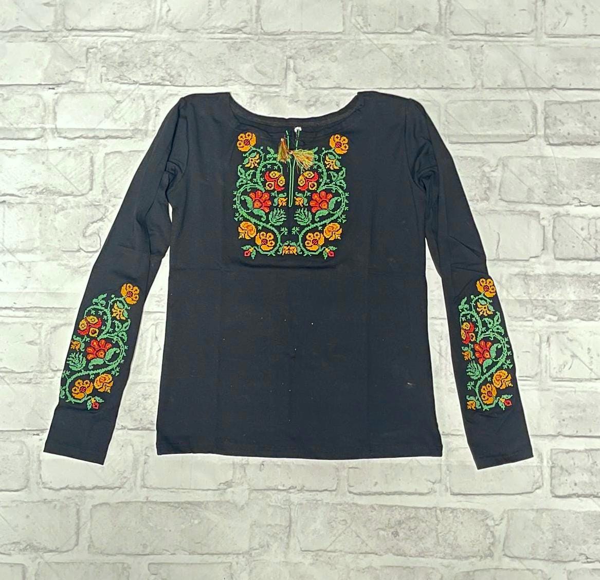 Traditional Black Ukrainian Long Sleeve Blouse with Colorful Floral Embroidery