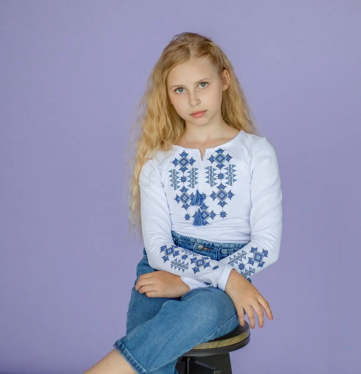Ukrainian Cotton Vyshyvanka Blouse for Girls with Geometric Embroidery