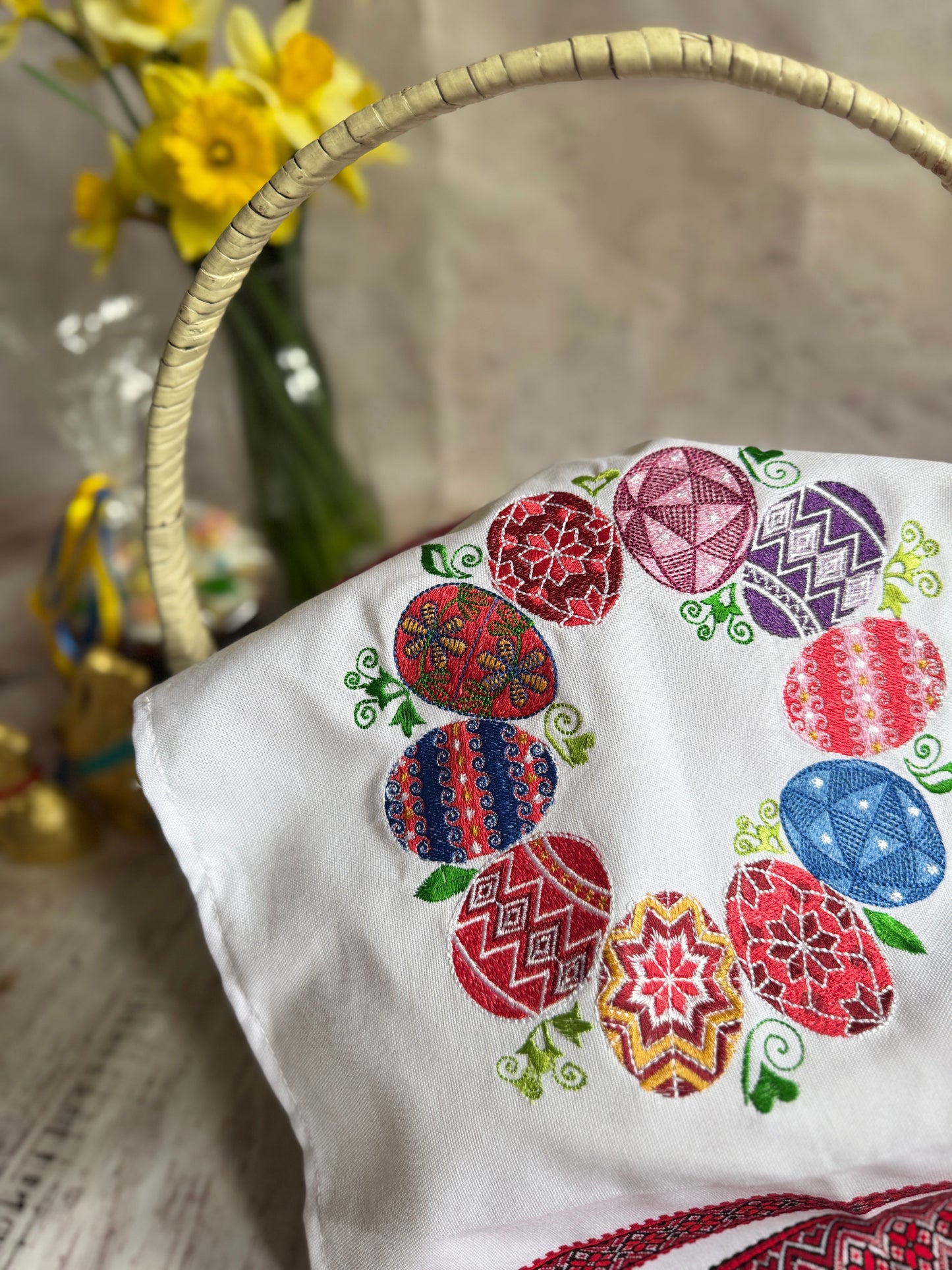 Large Orthodox Pascha Basket Towel with Embroidered Pysanka