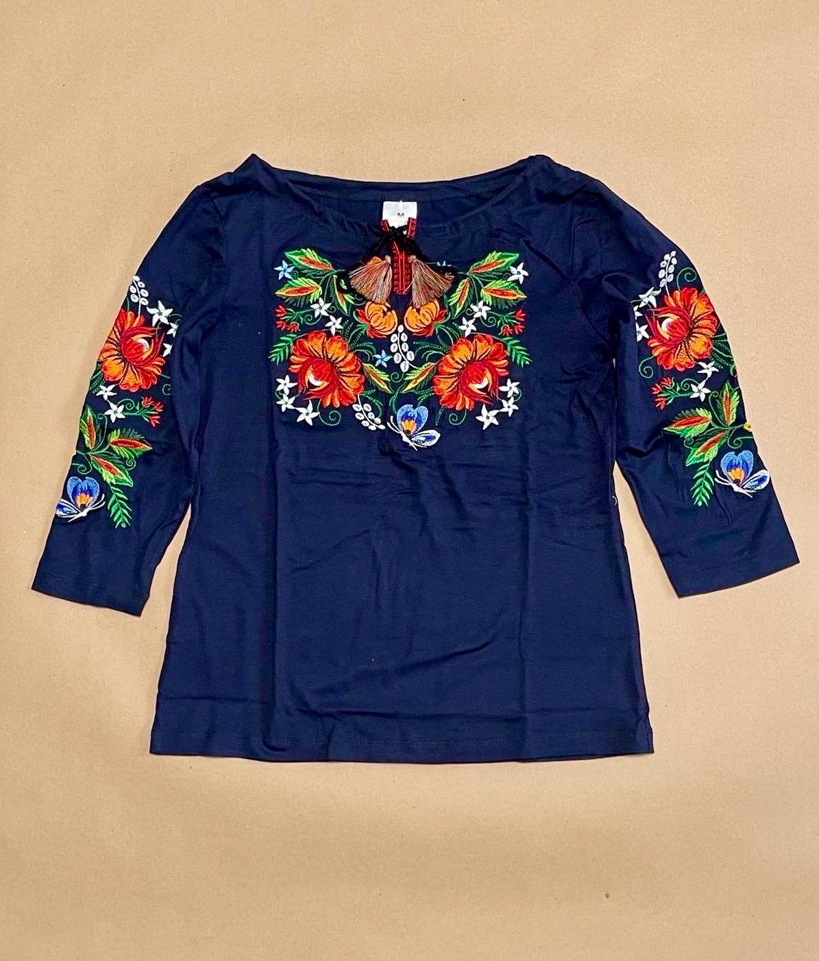 Boho Navy Ukrainian Blouse with Fiery Floral Embroidery