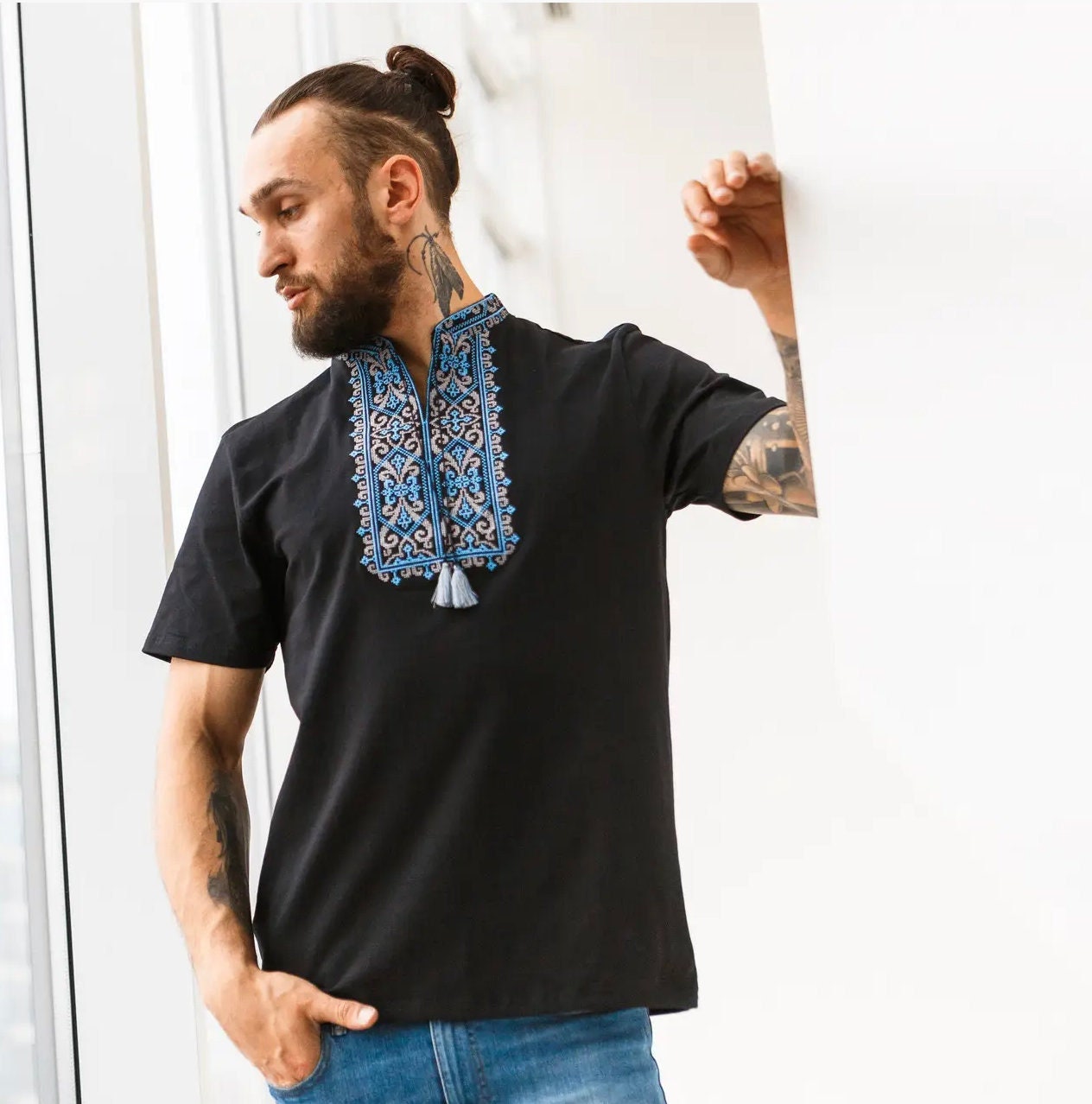 S-3XL Ukrainian T-Shirt Vyshyvanka Silver Embroidery