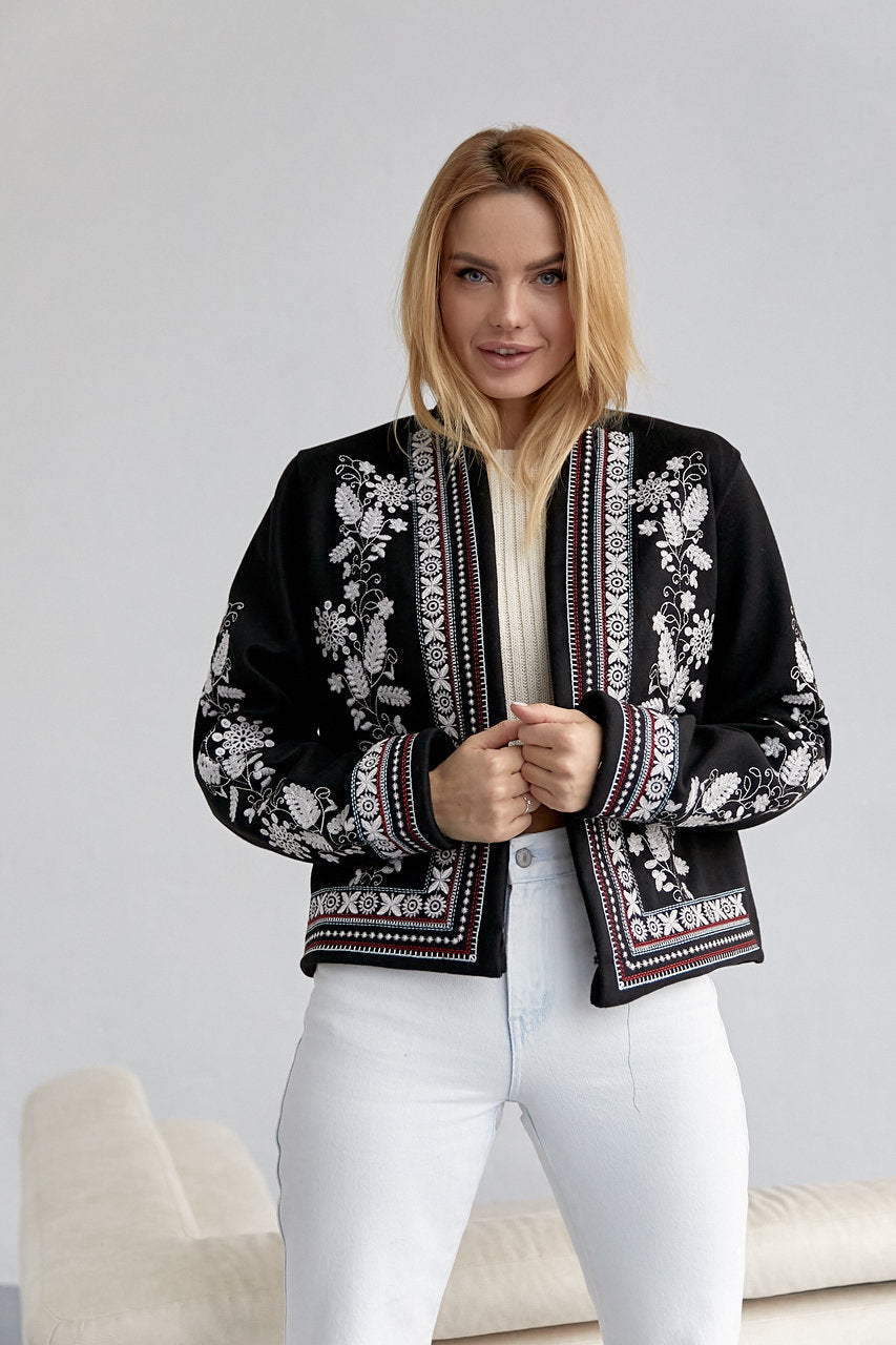 High Quality Crop Top Warm Open Embroidered Black Boho Jacket for Women