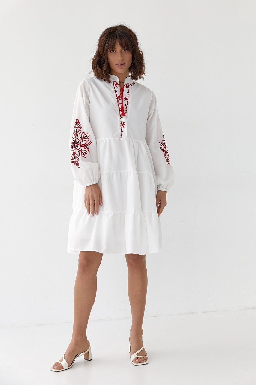 Striking White Boho Summer Boho Dress with Red Embroidery
