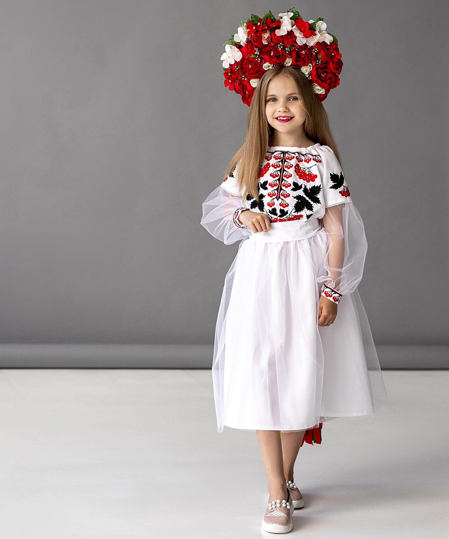 White Boho Ukrainian Dress with Kalyna Embroidery & Tulle Accents Vyshyvanka Dress for Girls