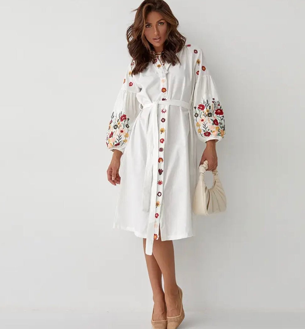 White Summer Dress with Folk Nouveau Embroidery Resort-Ready Effortless Elegance