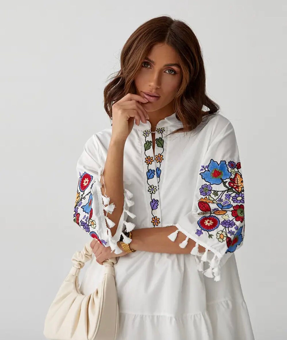 Classy Embroidered White Summer Folk Nouveau Dress for Women