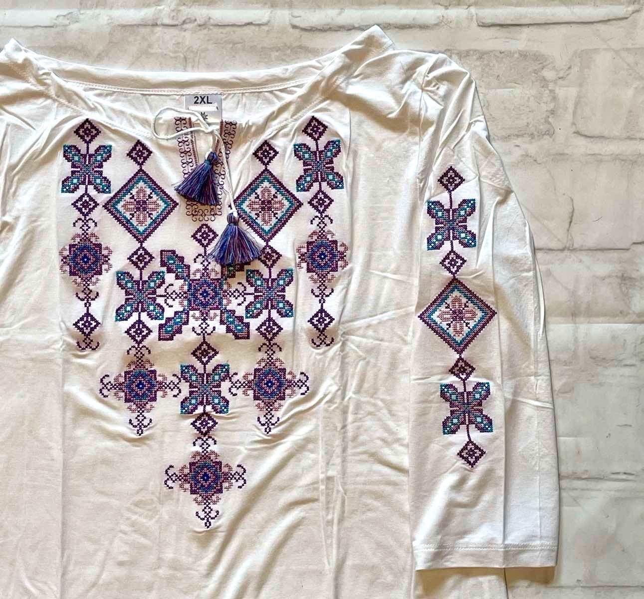 Ethnic White Ukrainian Blouse with Lavender and Sky Blue Geometric Embroidery