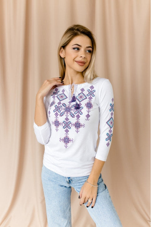 Ethnic White Ukrainian Blouse with Lavender and Sky Blue Geometric Embroidery