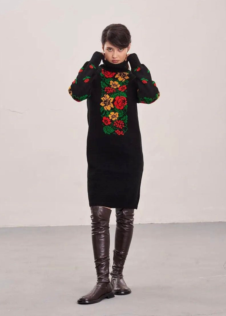 Black Turtleneck Pencil Dress with Bold Floral Embroidery – Warm Winter Knit Dress with Belt