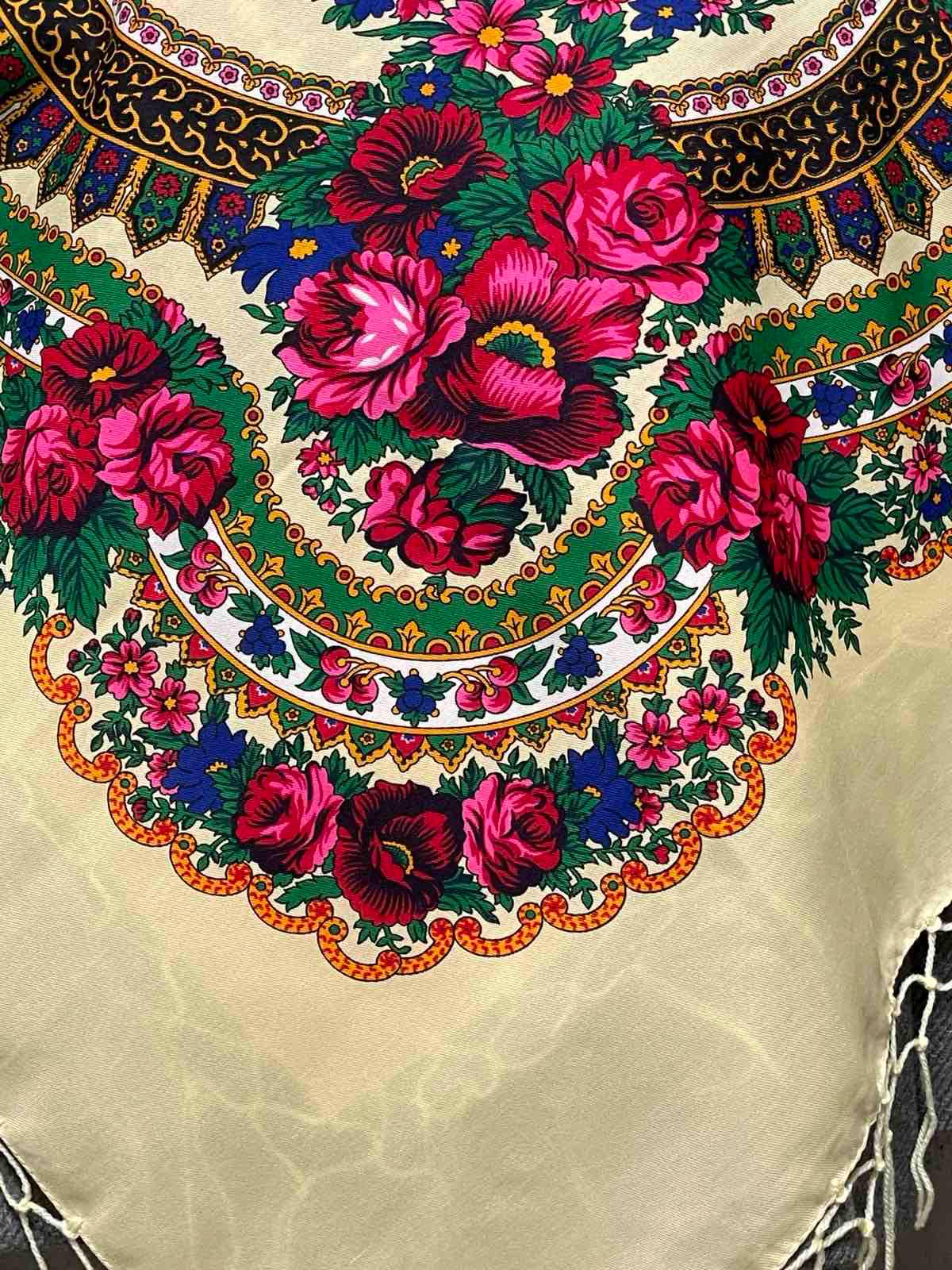 Large Cream Floral Wool Shawl with Tassels Traditional Ukrainian Babushka Scarf
