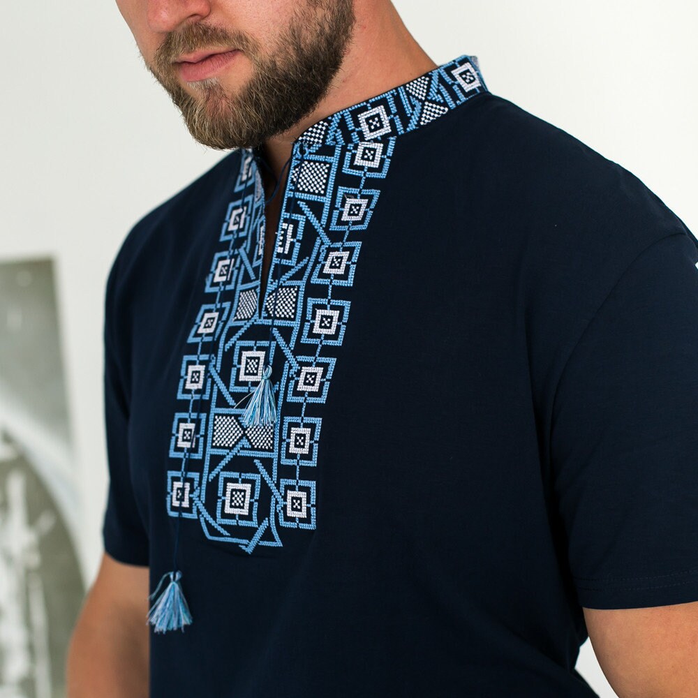 S-3XL Modern Slavic T-Shirt Blue Base with Blue Embroidery