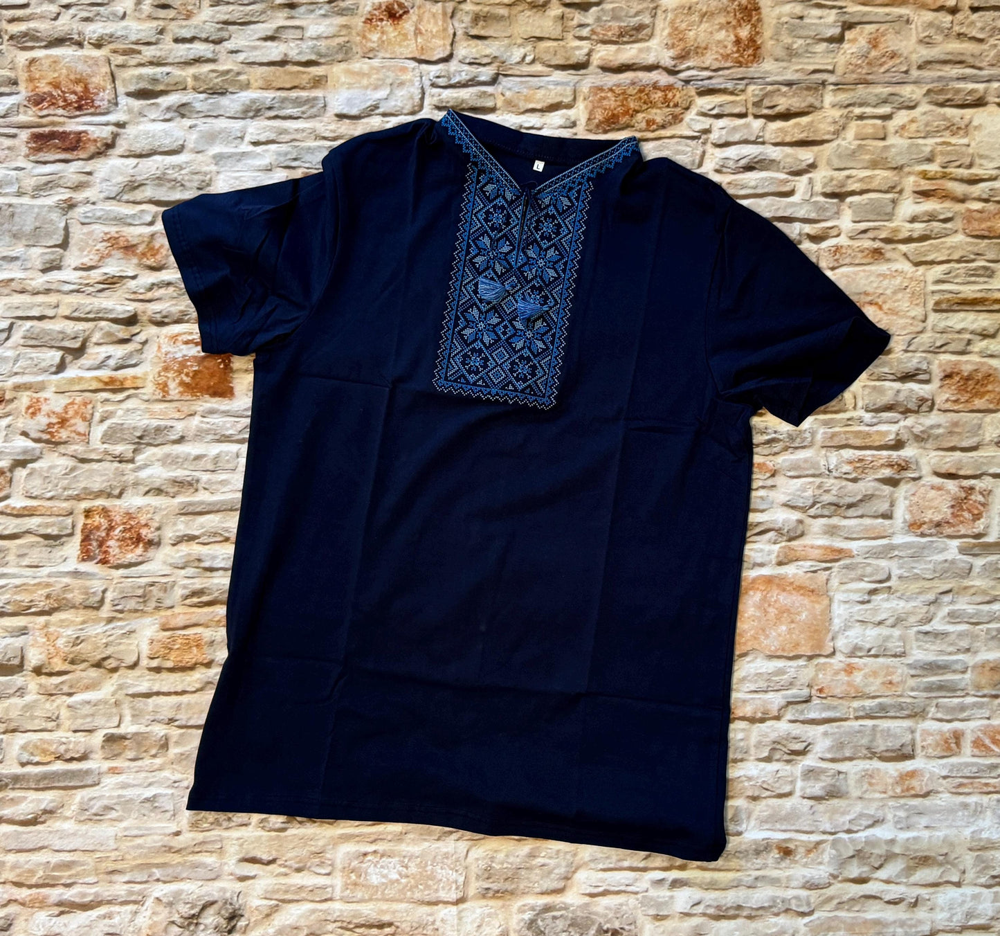 Elegant Blue Folk Ukrainian T-Shirt for Men Blue Base with Blue Embroidery