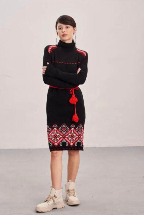 Black Body-Hugging Knit Warm Dress with Red Floral Embroidery and Pom-Pom Belt