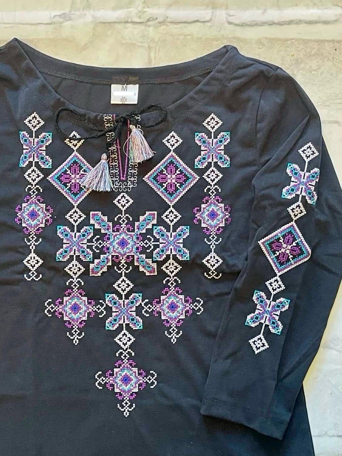 Gorgeous Blue Ukrainian Embroidered Blouse with Geometric Embroidery