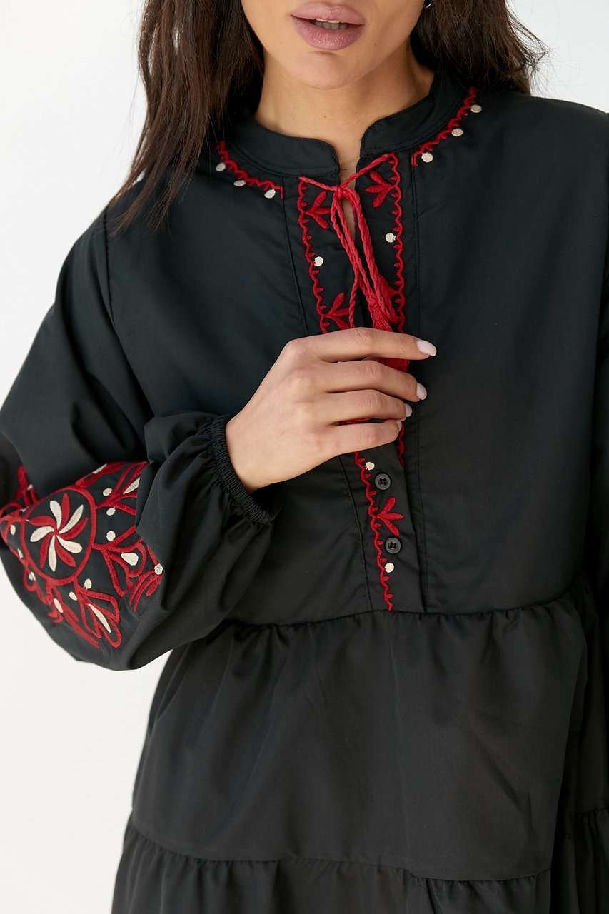 Black Boho Dress with Red Embroidery Effortless Elegance with a Bold Flair