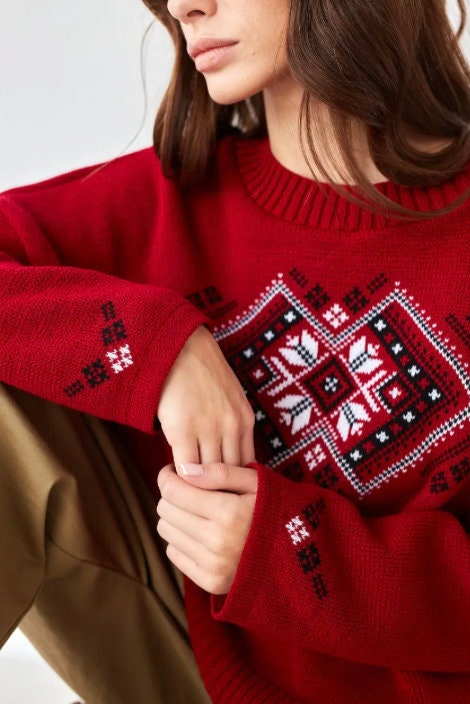 Geometric Oversize Red Sweater – Bold and Cozy Design