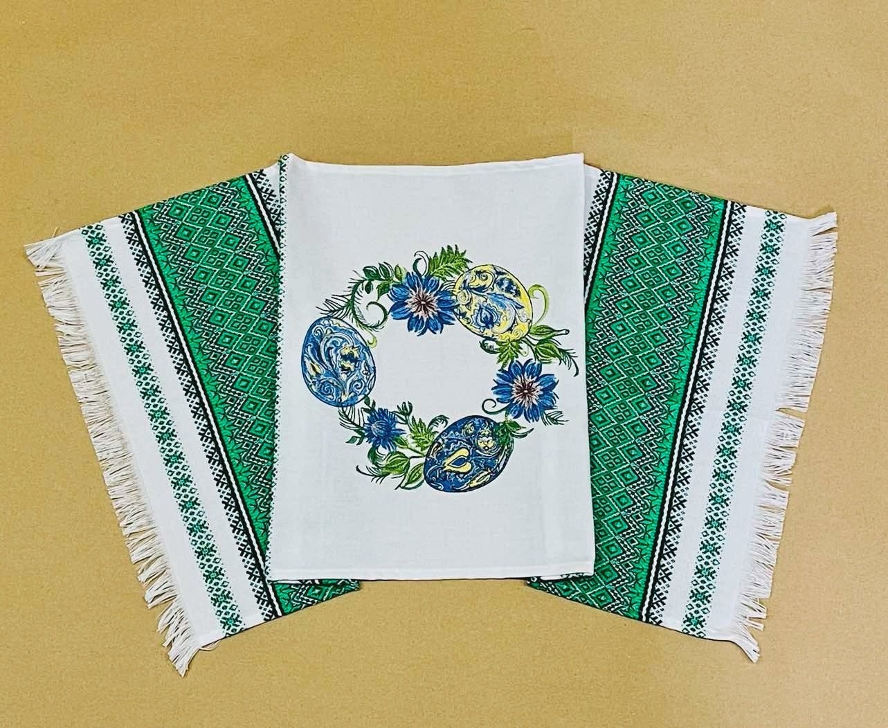 Large Ukrainian Easter Towel – Green Ryshnyk Basket Cover with Embroidered Pysanka