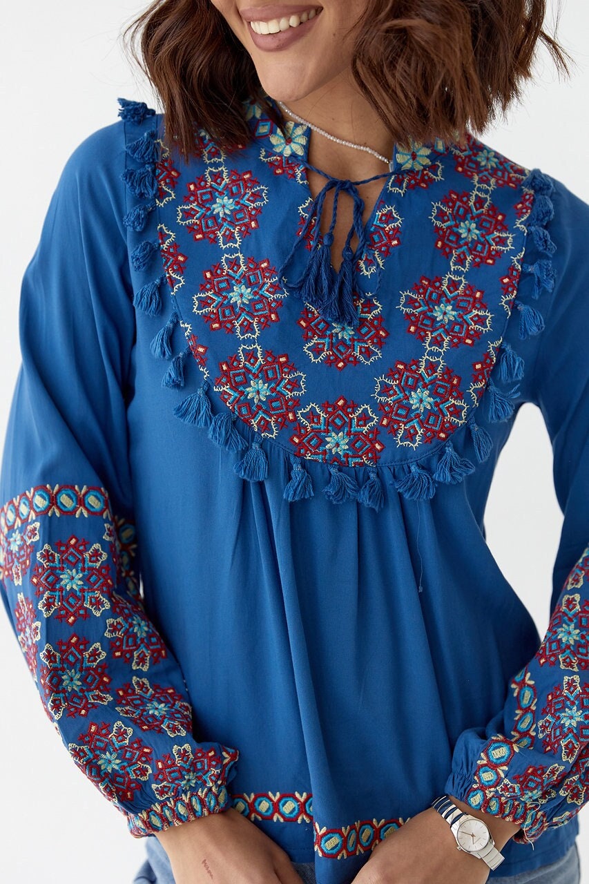Folk Nouveau Blue Embroidered Ukrainian Resourt Vacation Blouse