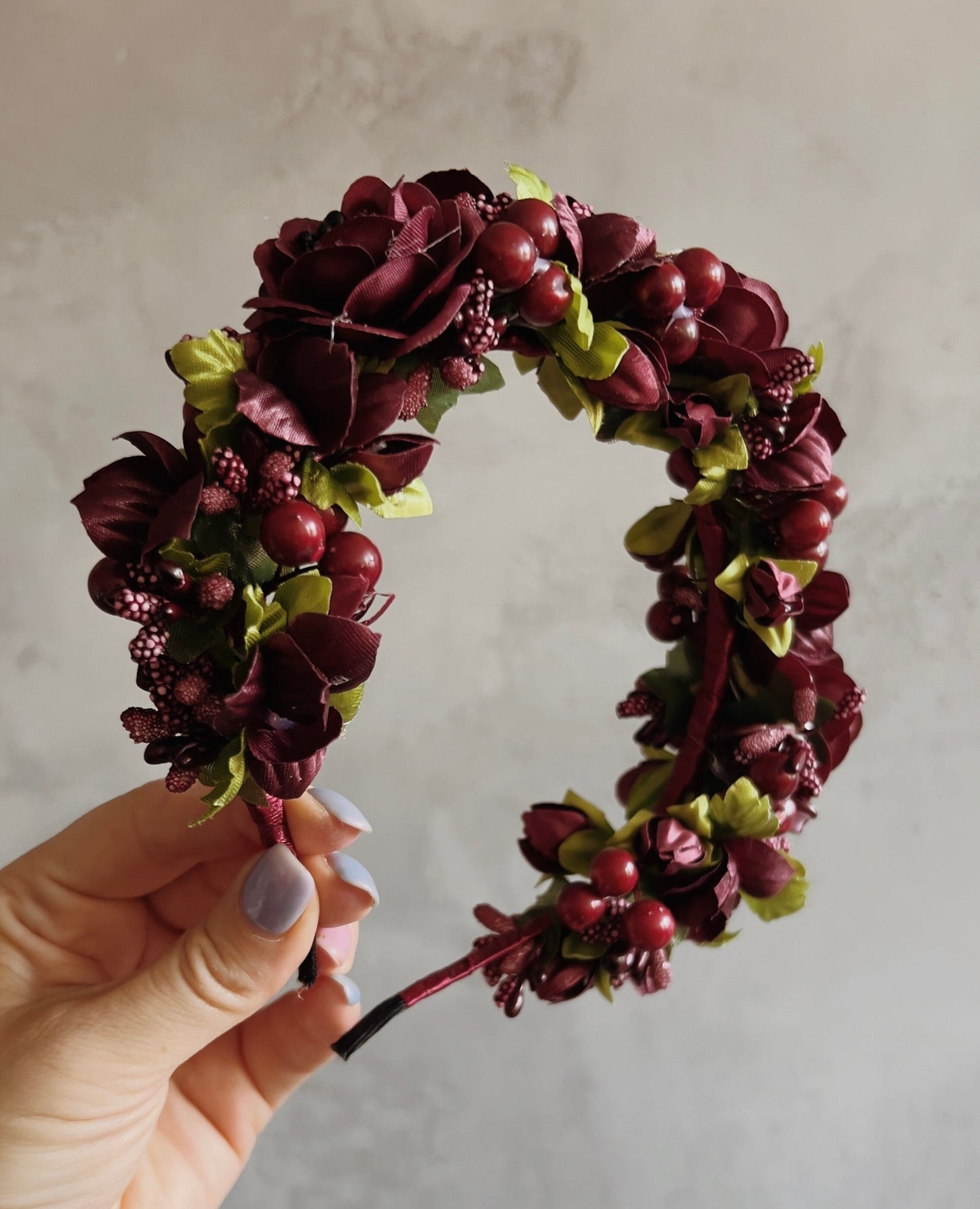 Burgundy Flower Crown Dark Red Flowers and Berries for a Touch of Elegance
