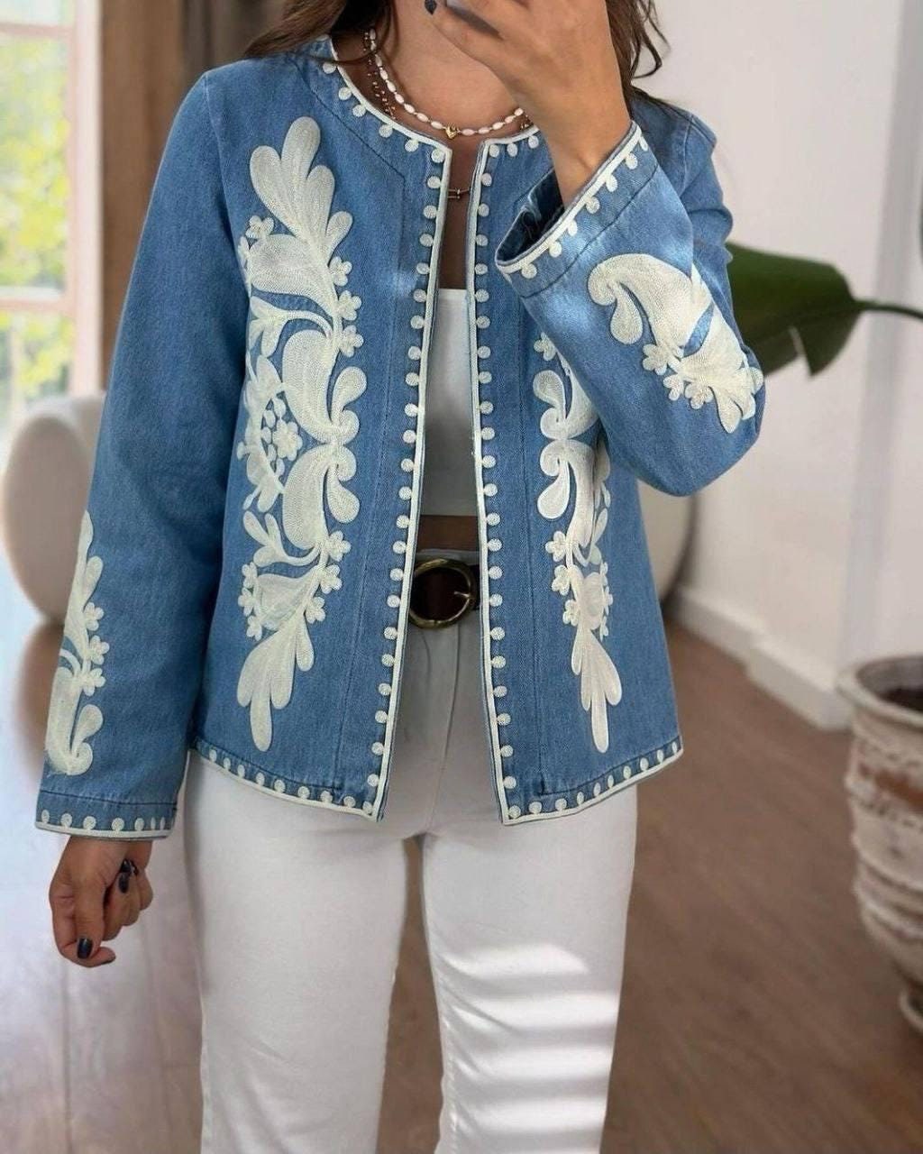 Embroidered Boho Denim Jacket for Women with Modern Embroidery