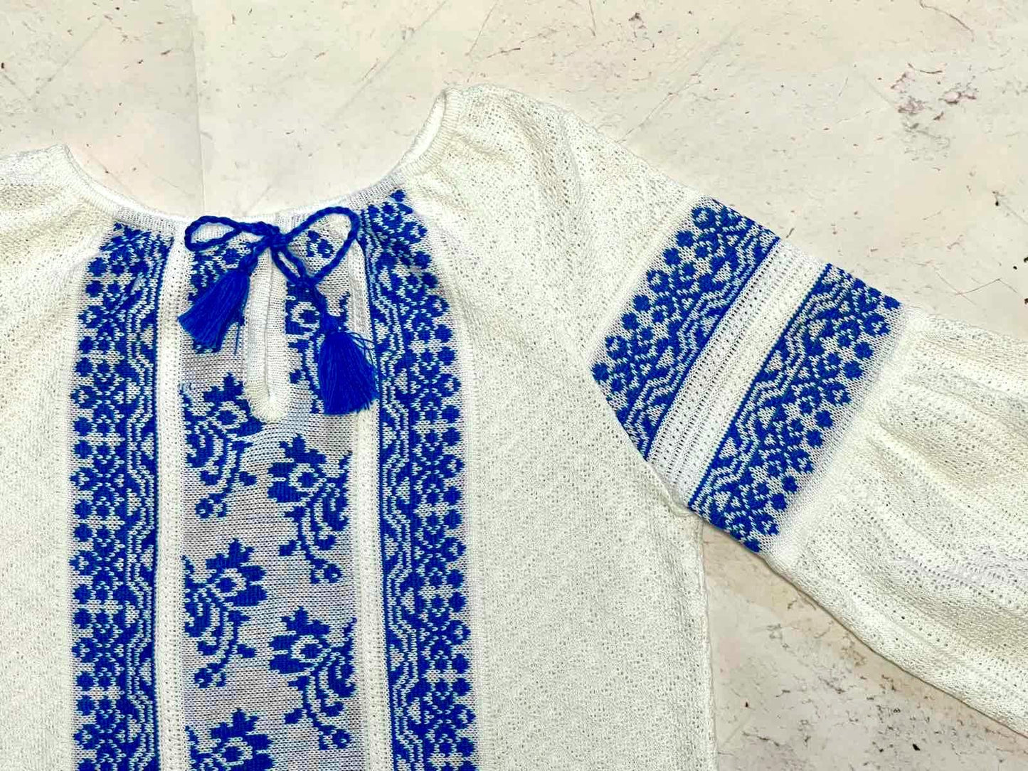 S-4XL Knitted Ukrainian Blouse – Crochet Top with Beautiful Blue Embroidery Pattern