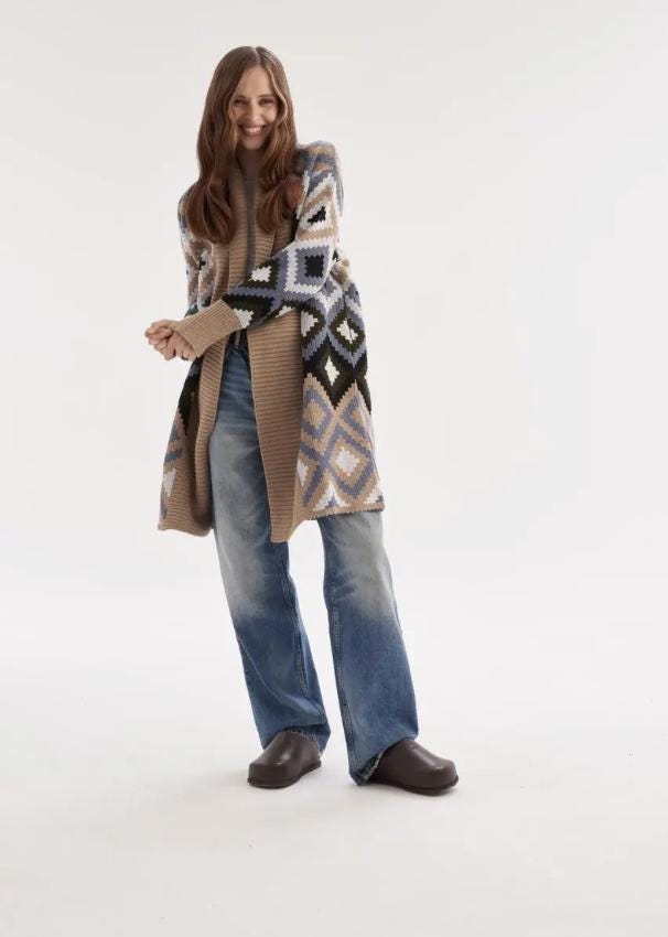 Warm Knitted Cardigan Elegant Blend of Brown Blue and White