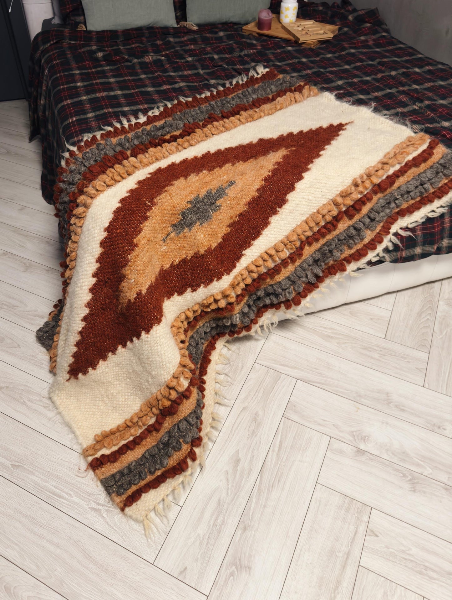 Handwoven Wool Bed Cover Blanket – Scandi-Inspired Elegance and Cozy Comfort Bed Coverlet with Boucle