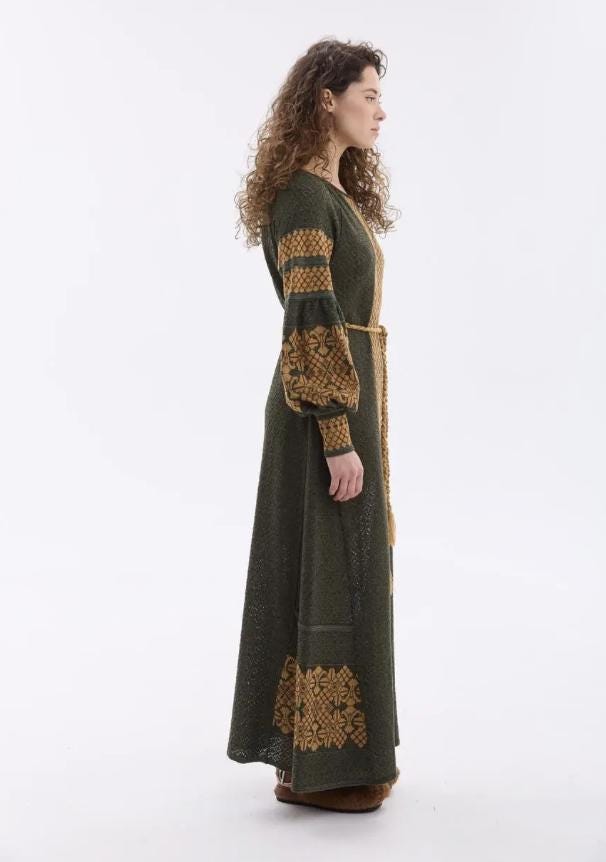 Ultra-stylish Long Summer Linen Crochet Vyshyvanka Dress In Olive Color