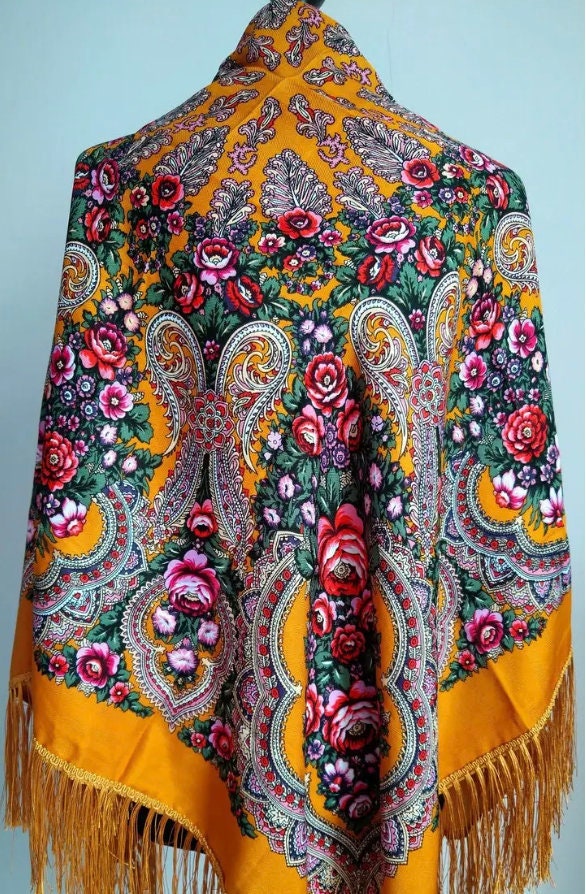 Awesome Large Yellow Floral Ethnic Ukrainian Shawl