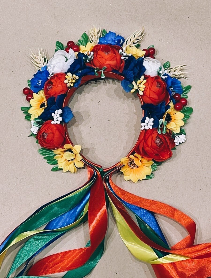 Luxury Flower Ukrainian Headband Ears of Corn Traditional Flowers and Mixed Color Ribbons