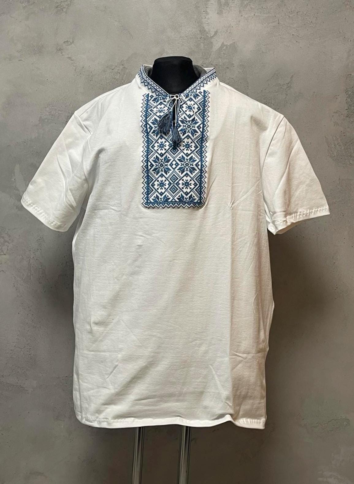 White Embroidered Ukrainian T-Shirt for Men with Blue Embroidery