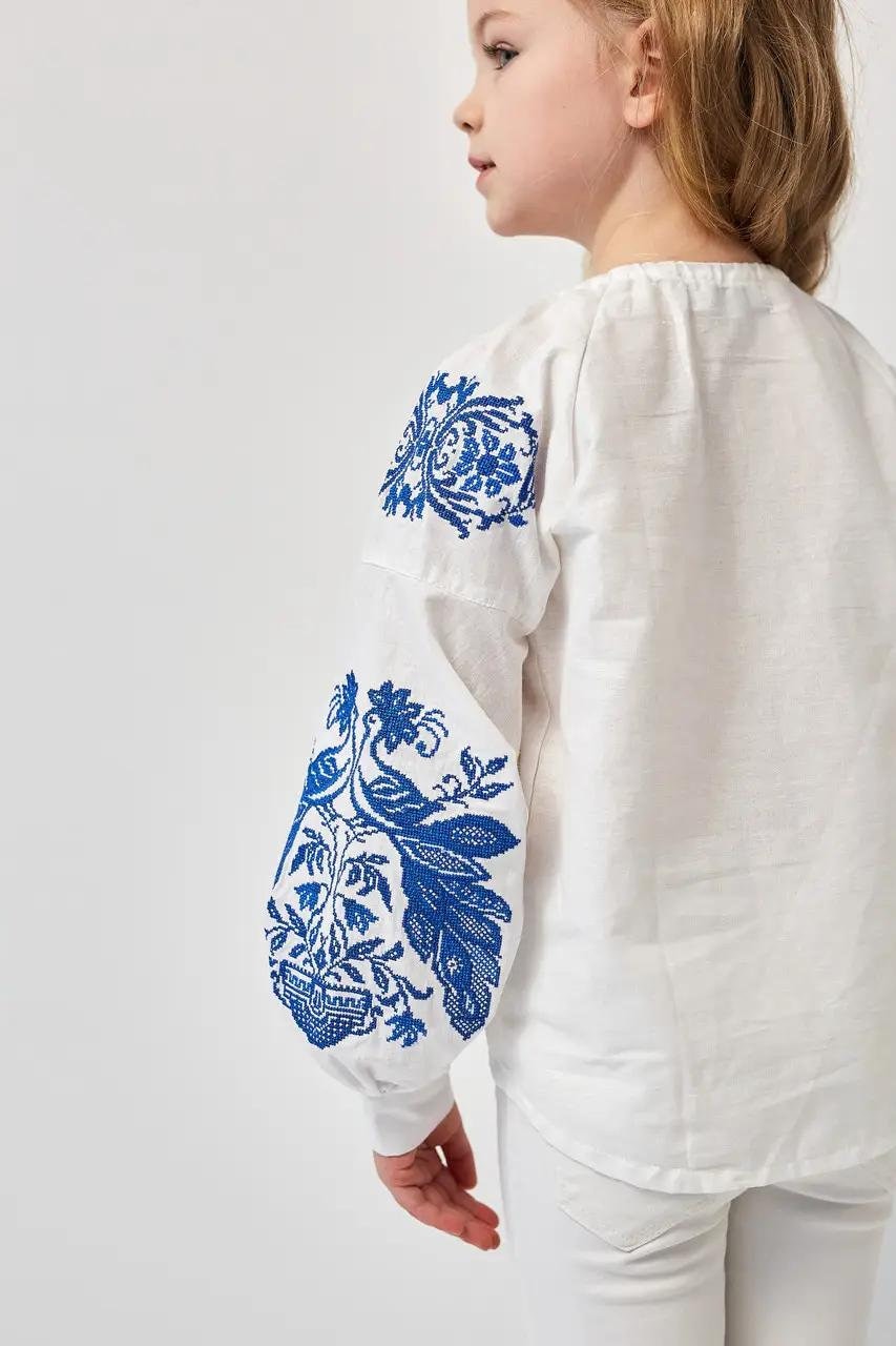 White Ukrainian Phoenix Embroidered Cotton Vyshyvanka Blouse for Girls