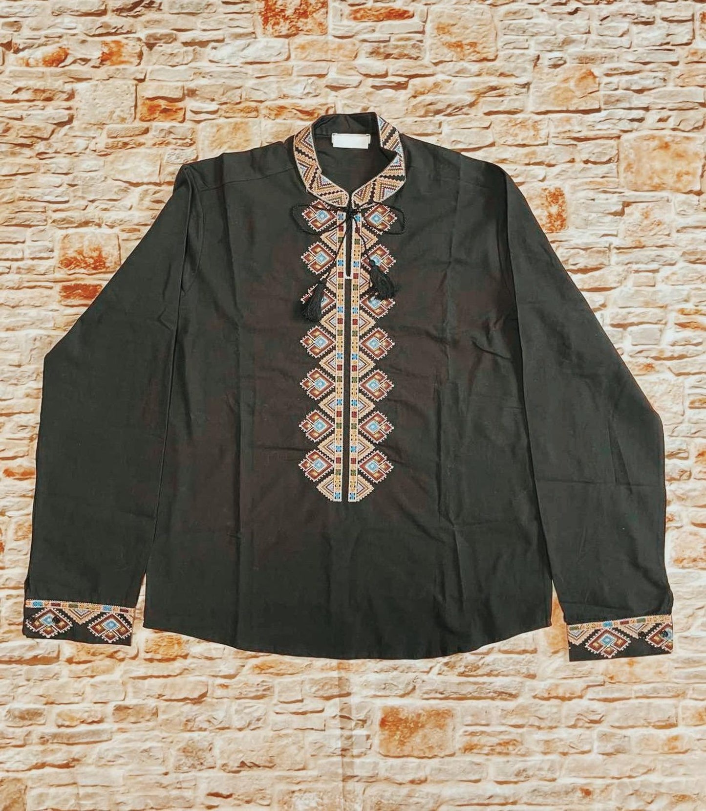 S-3XL Traditional Black Ukrainian Vyshyvanka Shirt with Embroidery