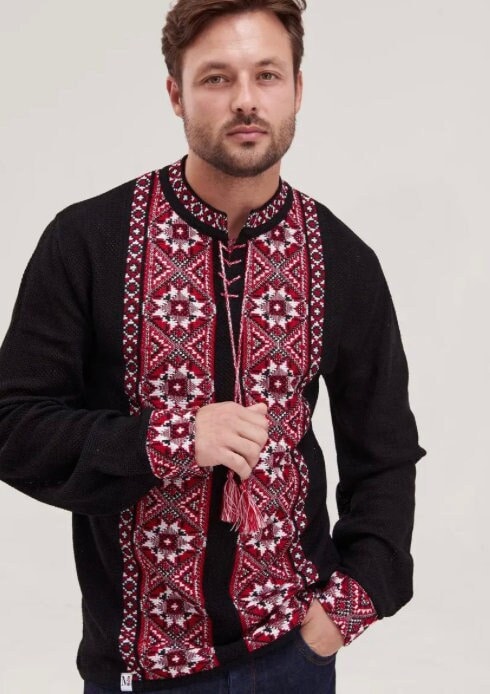 S-4XL High Quality Modern Knitted Ukrainian Shirt Vyshyvanka with Red Embroidery Pattern