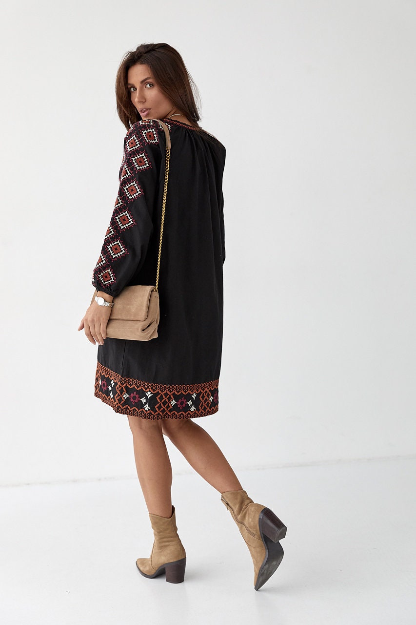 Classy Black Summer Folk Nouveau Dress with Red Embroidery