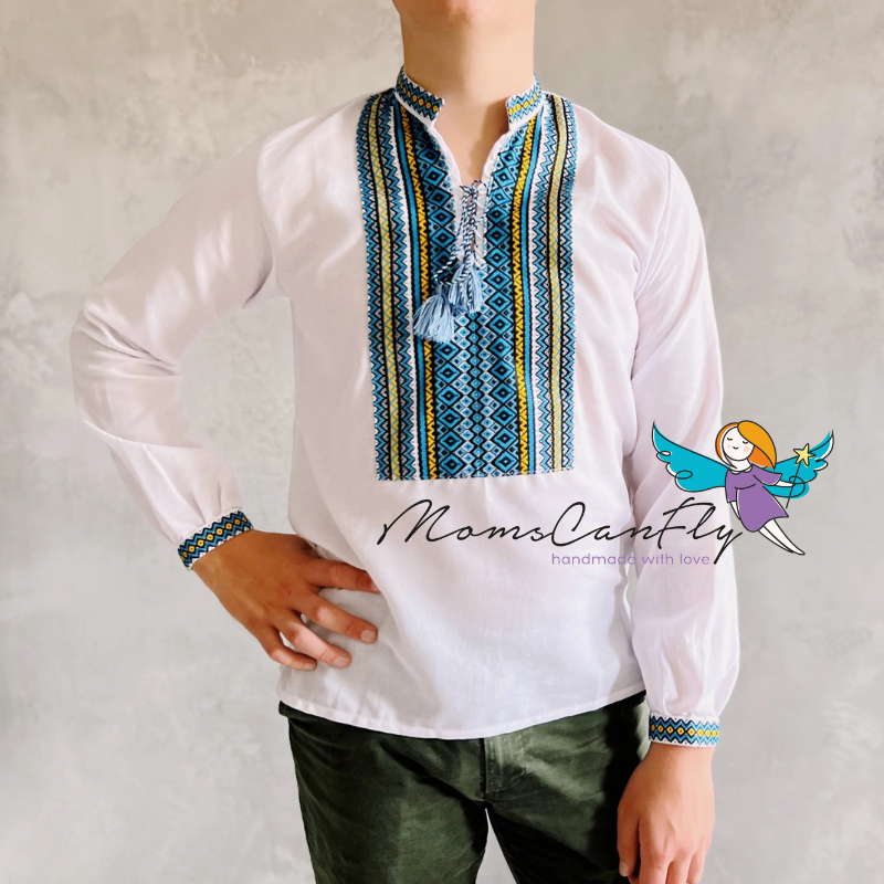 XXS-7XL Blue Embriodered Traditional Ukrainian Shirt for Men
