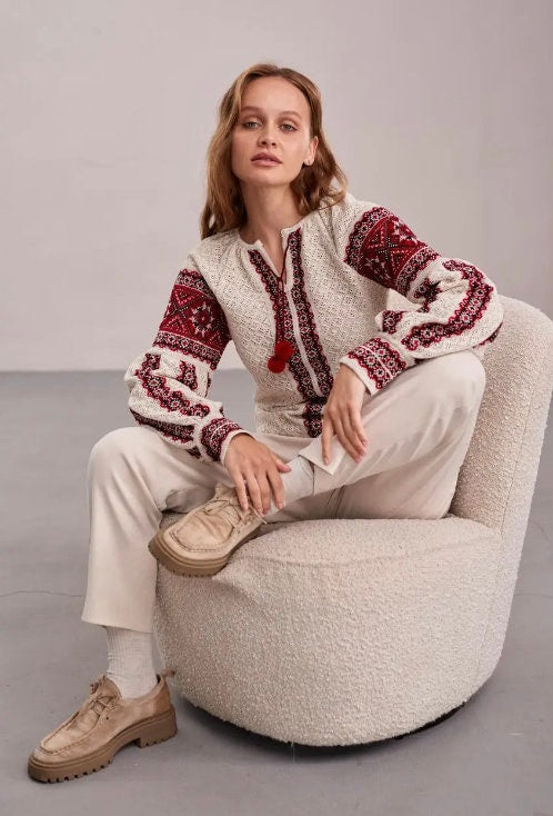 S-4XL Modern Knitted Ukrainian Blouse – Effortless Elegance Crochet Top with Red Embroidery