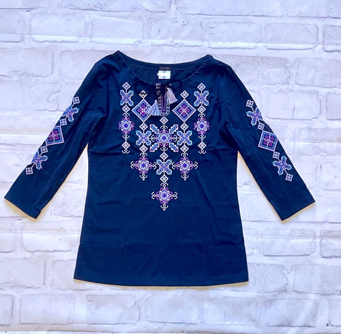 Gorgeous Blue Ukrainian Embroidered Blouse with Geometric Embroidery