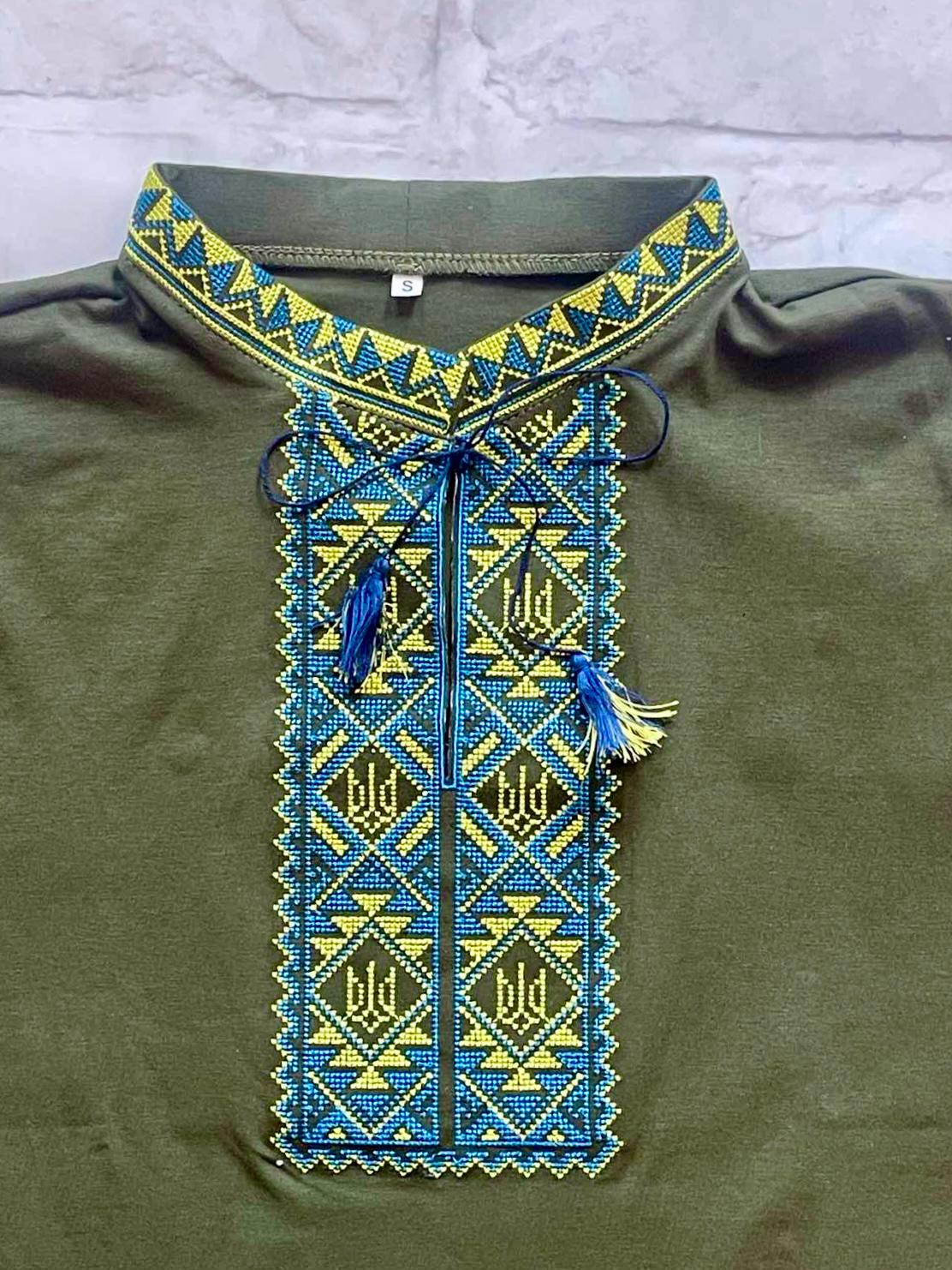 Khaki Green Ukrainian T-Shirt for Men with Tryzub Embroidery
