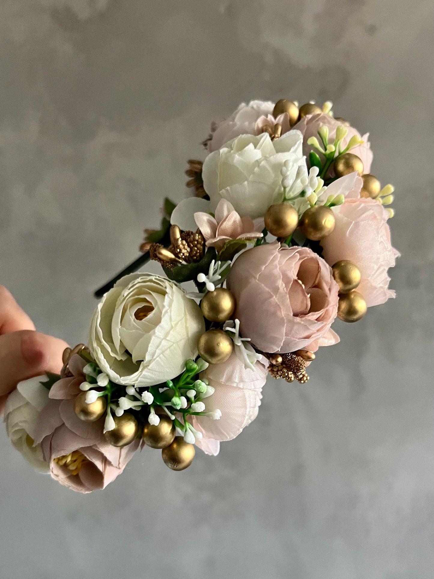 Luxury Elegant Dusty Pink Floral Crown Romantic Accents in Gold Pink and White