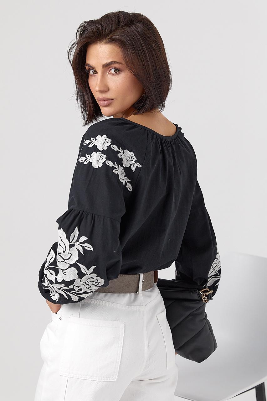 S-XL Elegant Black Boho Blouse for Women with Floral Embroidery