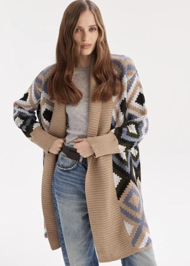 Warm Knitted Cardigan Elegant Blend of Brown Blue and White