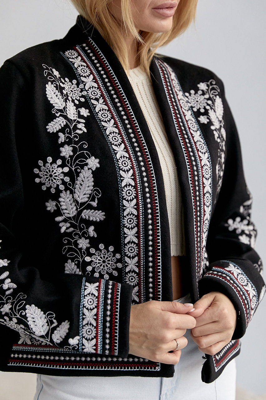 High Quality Crop Top Warm Open Embroidered Black Boho Jacket for Women