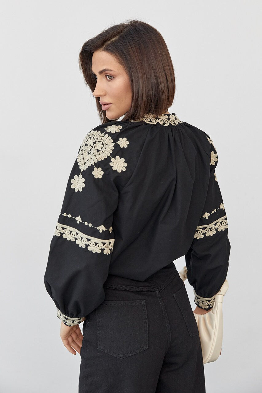 Elegant Black Bohemian Blouse with Gold Oriental Embroidery
