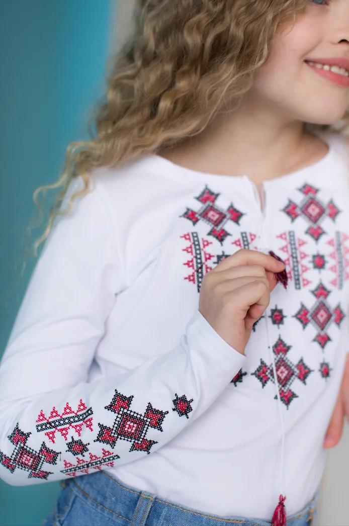 Ukrainian Cotton Vyshyvanka Blouse for Girls with Geometric Red Embroidery